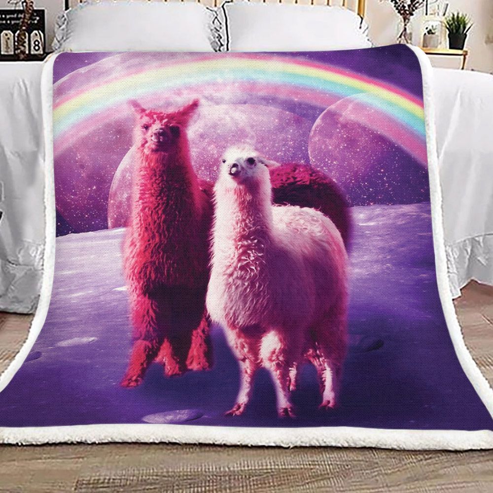 Rainbow Llama In Space Sherpa Fleece Blanket