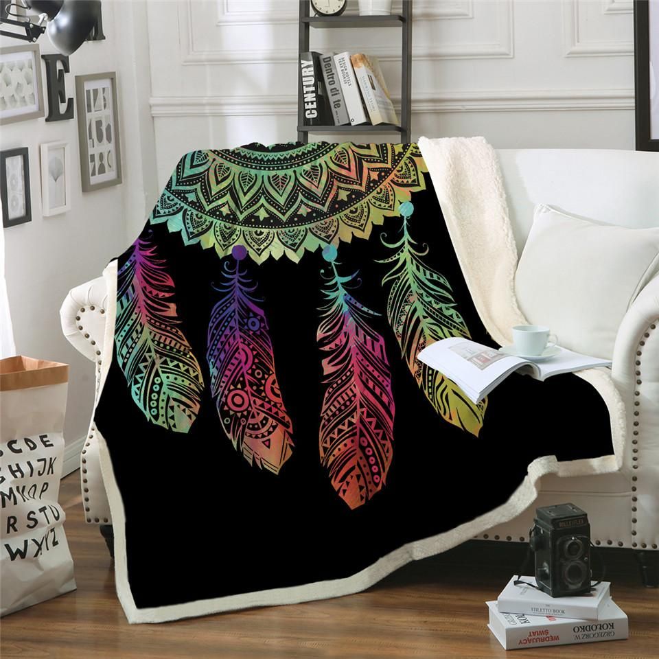 Rainbow Mandala Dreamcatcher Sherpa Fleece Blanket