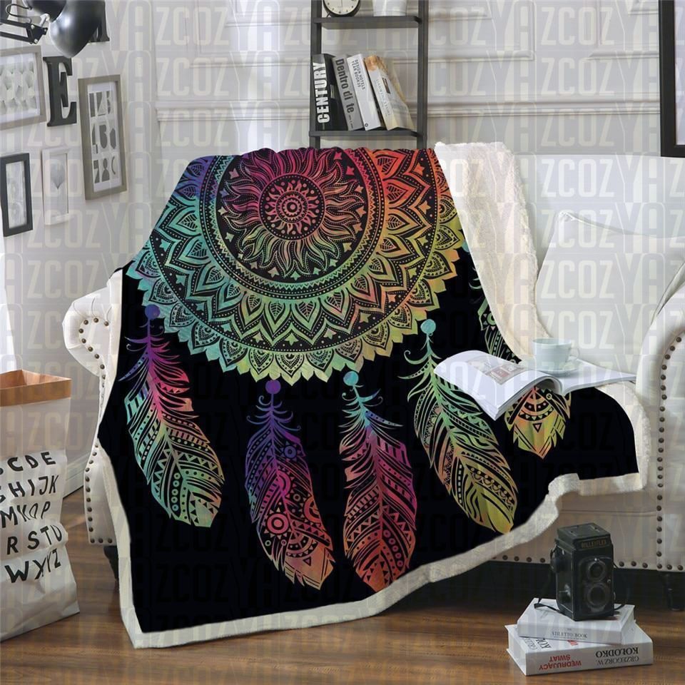 Rainbow Mandala Dreamcatcher Full Sherpa Fleece Blanket