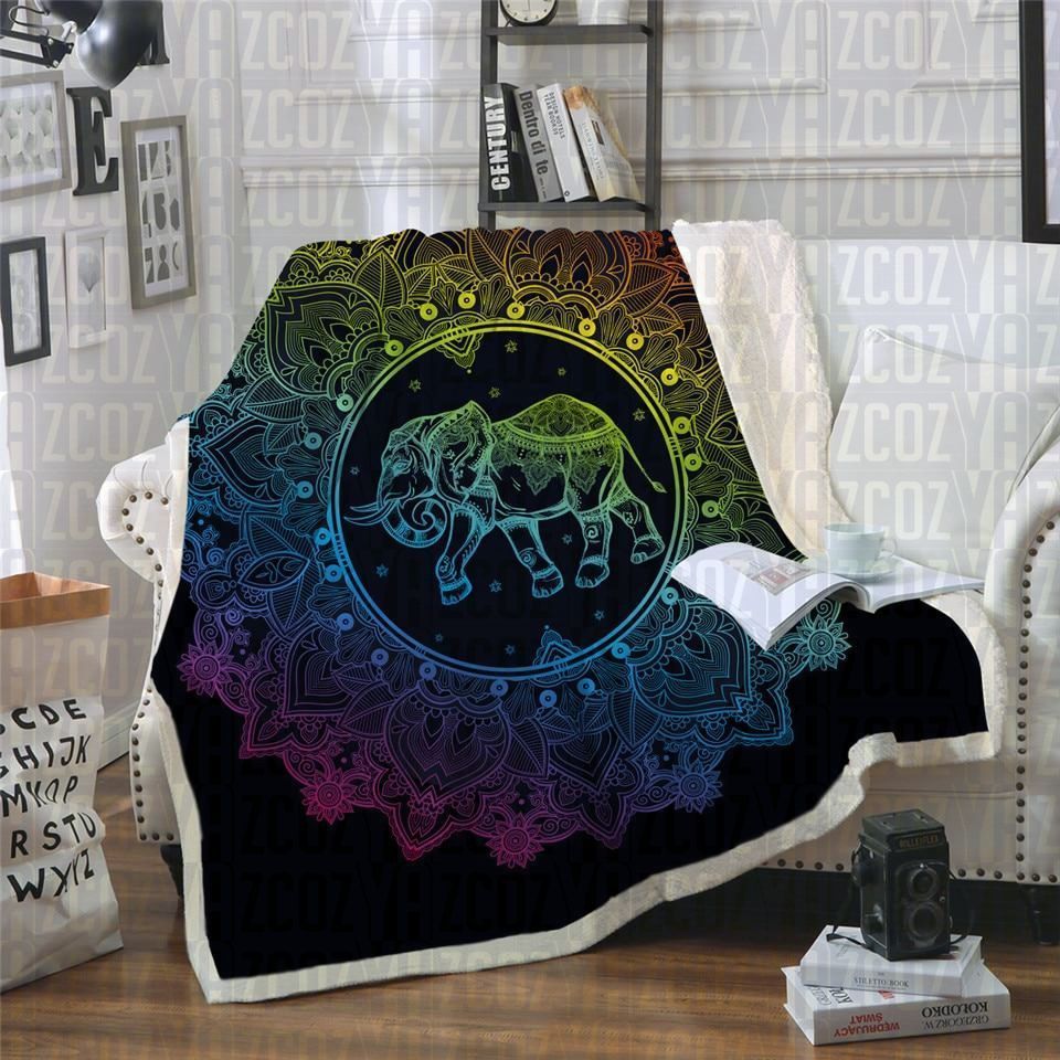 Rainbow Mandala Elephant Sherpa Fleece Blanket
