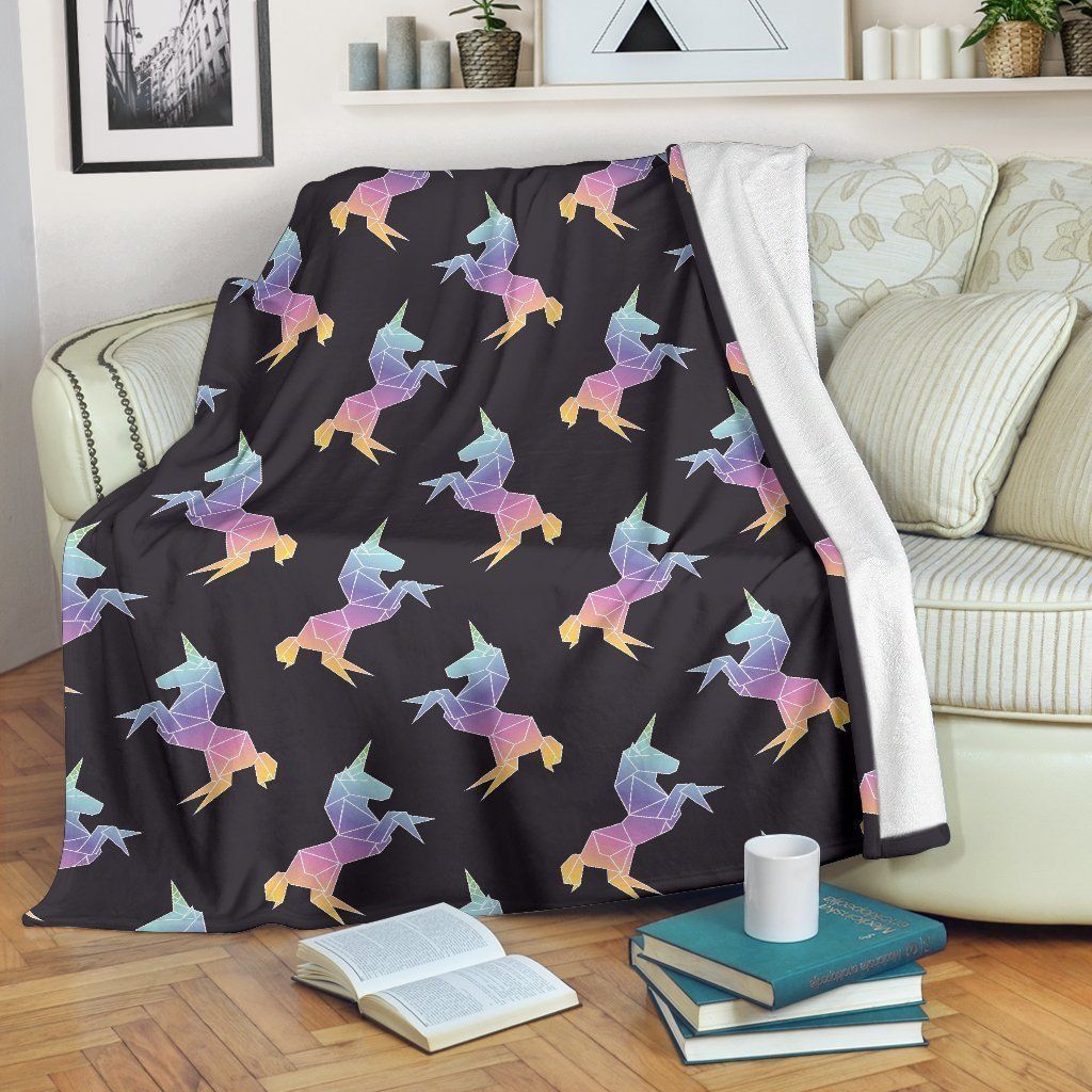 Rainbow Origami Unicorn Sherpa Fleece Blanket