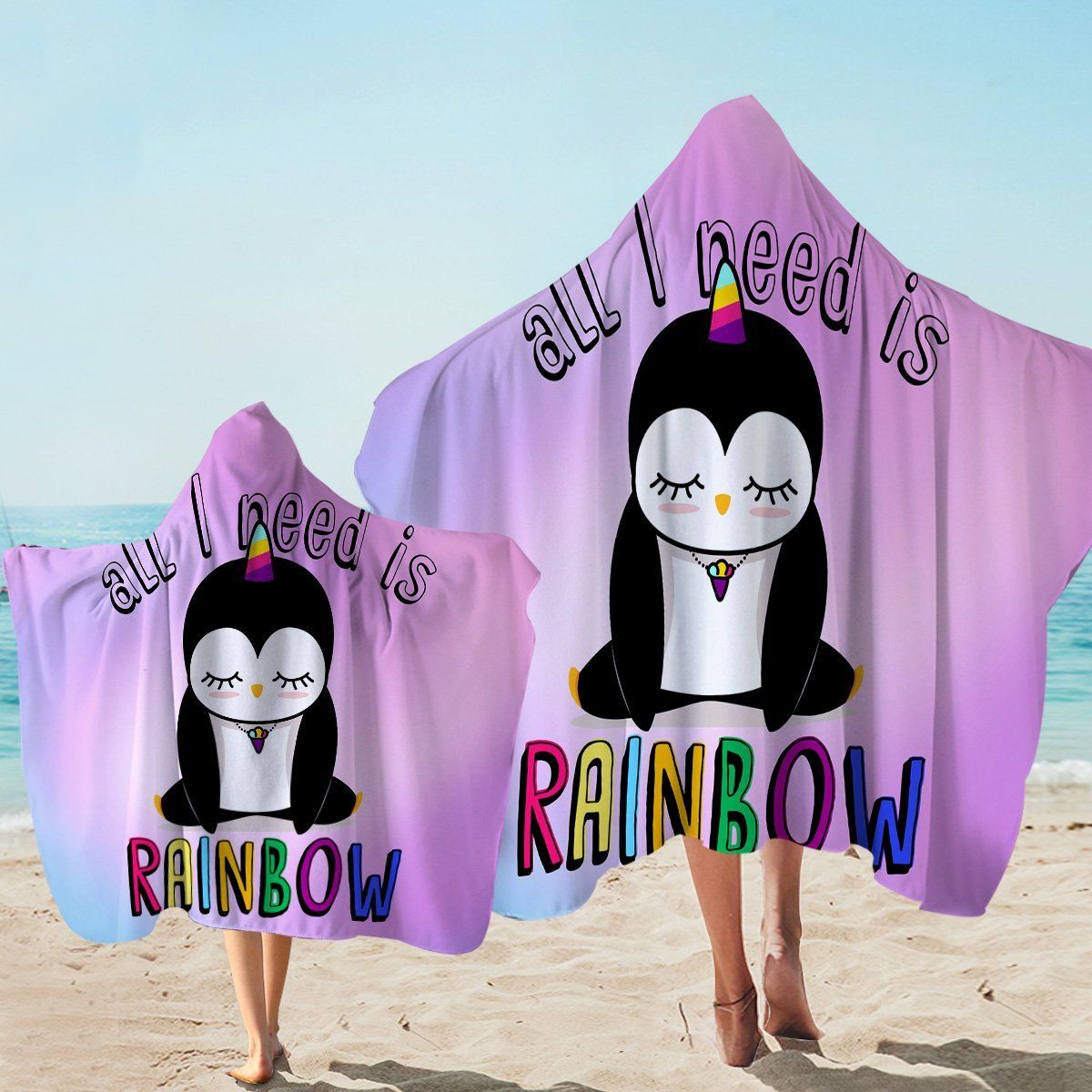 Rainbow Penguin Pink Printed Hooded Towel