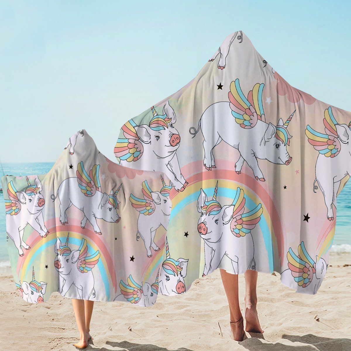 Rainbow Piggy Pink Pattern Printed Hooded Towel
