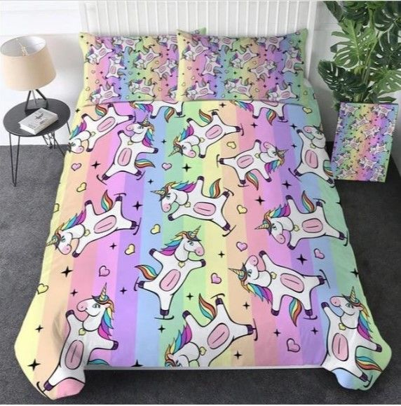 Rainbow Stripes Unicorn Bedding Set