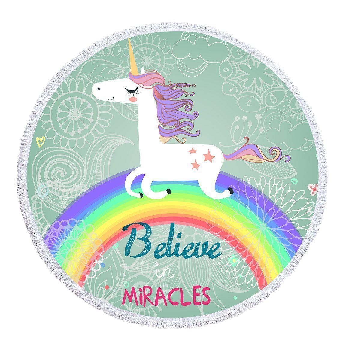 Rainbow Unicorn Believe Miracles Printed Round Beach Towel