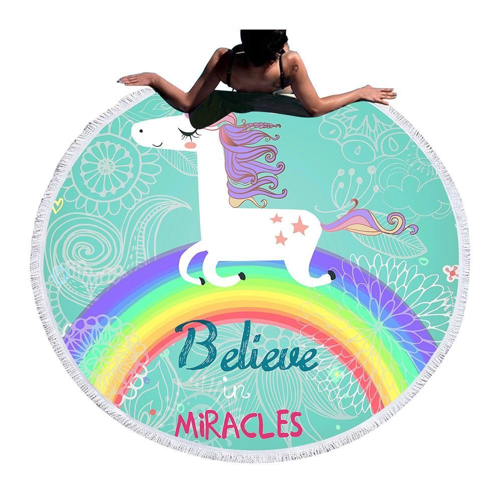 Rainbow Unicorn Belive In Miracles Printed Round Beach Towel