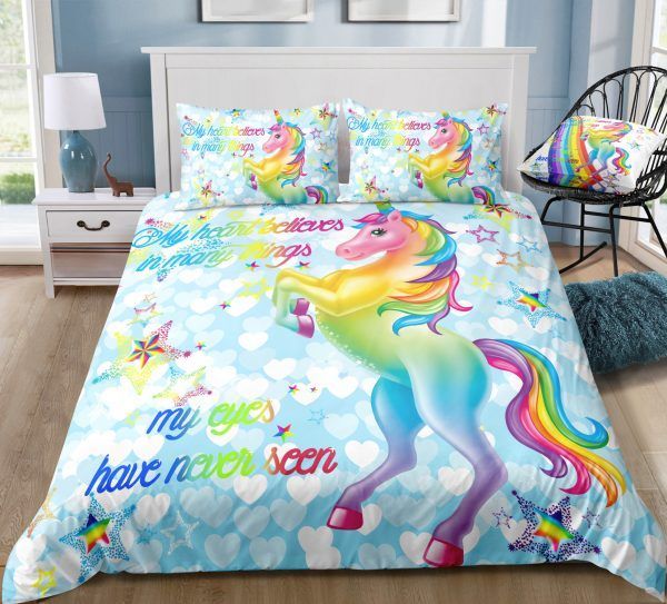 Rainbow Unicorn Blue Stars Bedding Set