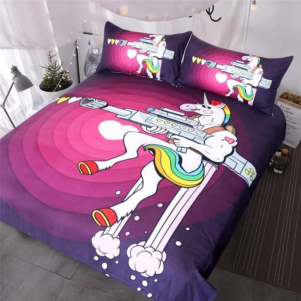 Rainbow Unicorn Holding A Hearts Gun Bedding Set
