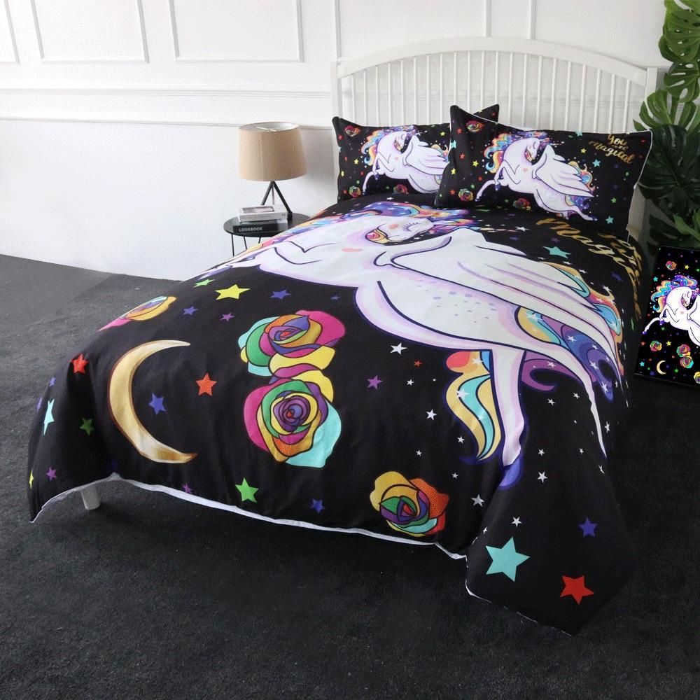 Rainbow Unicorn Roses Bedding Set