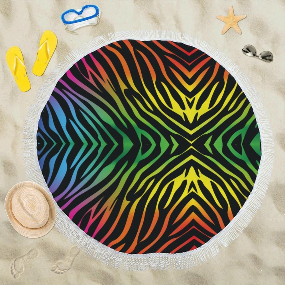 Rainbow Zebra Themed Printed Round Beach Towel