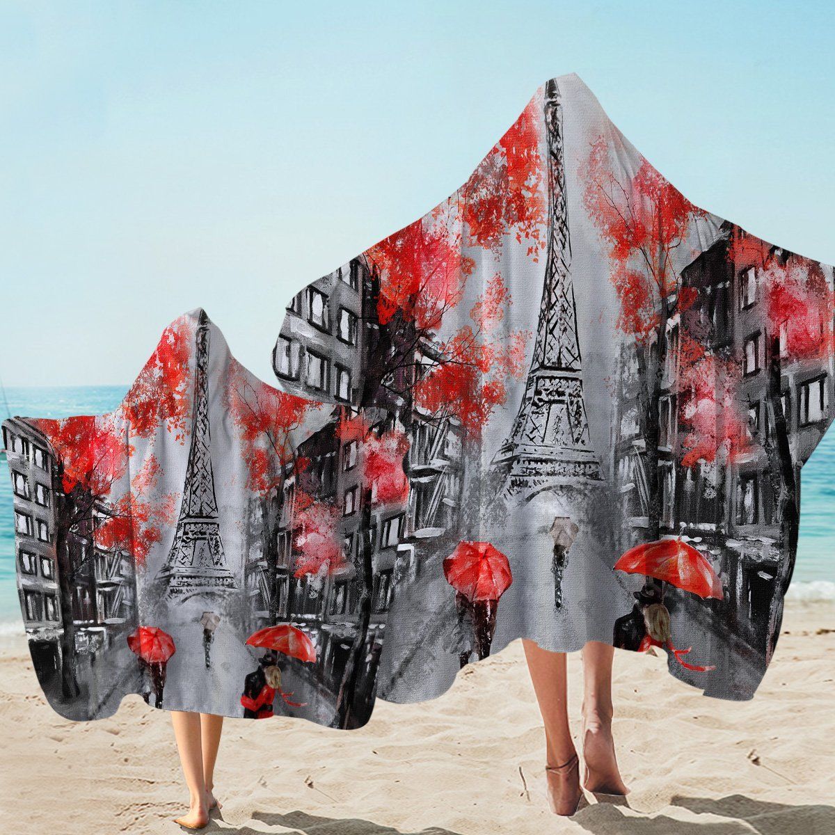 Rainy Paris Couple Under The Red Umbrella Printed Hooded Towel