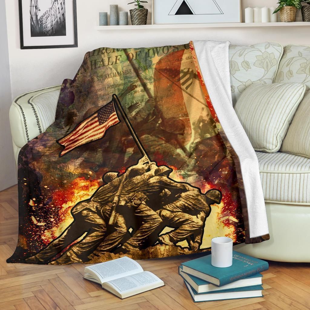Raising American Flag Veteran Gift Printed Fleece Blanket