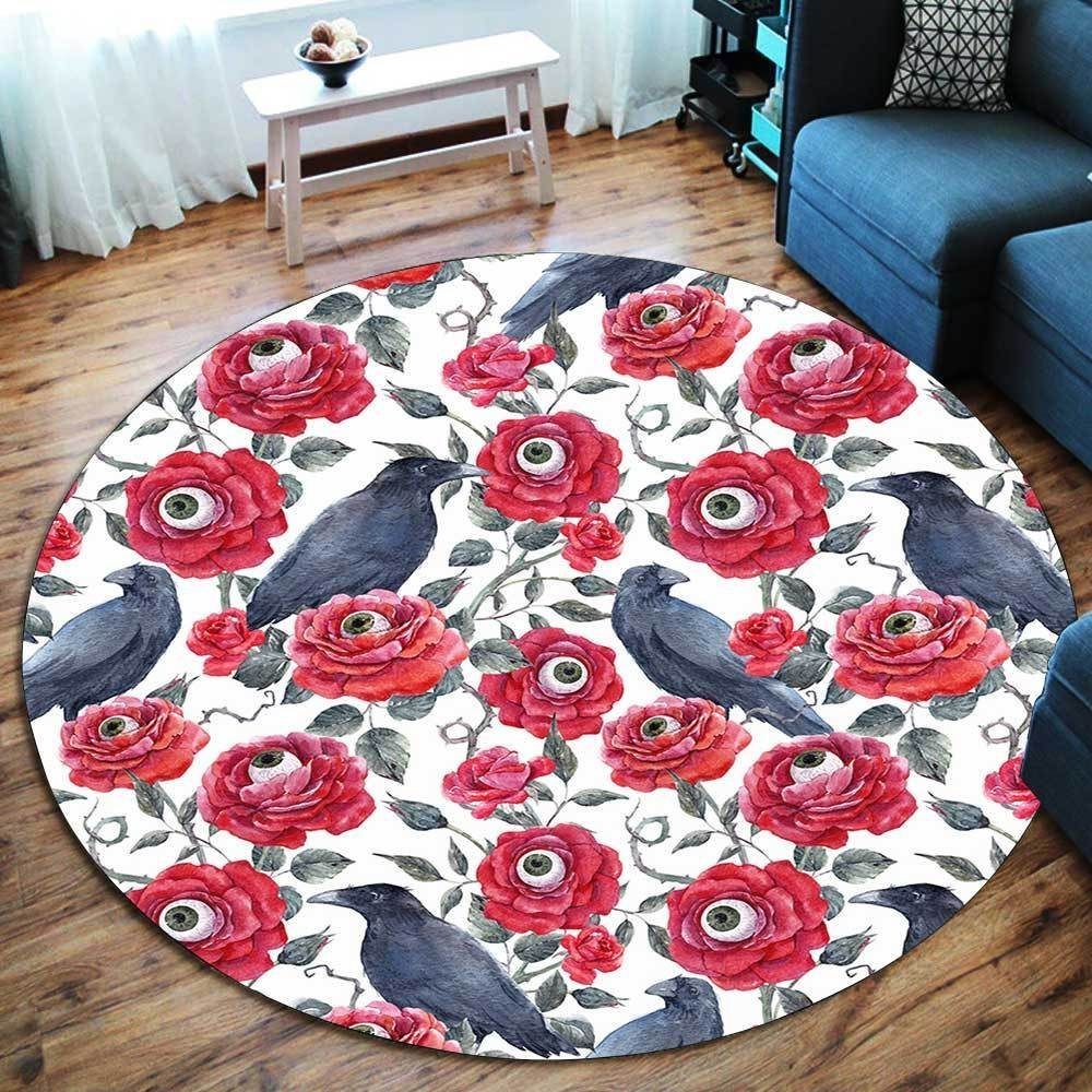 Raven And Flowers Round Carpet