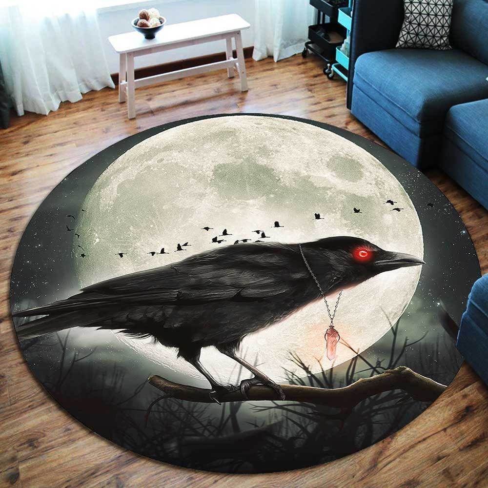 Raven With Moon Round Carpet