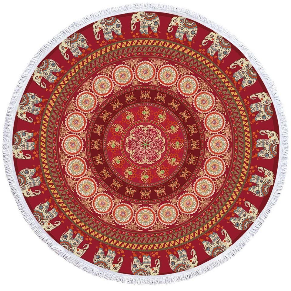 Red Ancient Drum Patterns Round Beach Towel