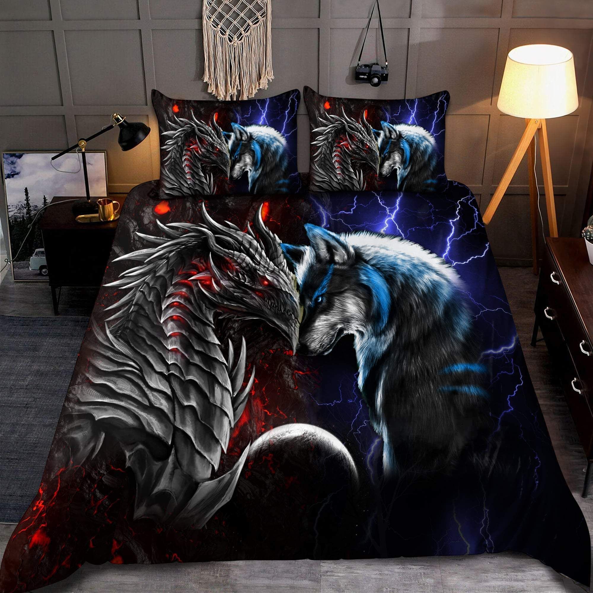 Red And Blue Dragon And Wolf Bedding Set