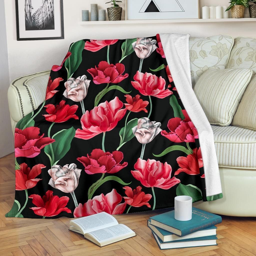 Red And Pink Tulip Pattern Print Design Black Fleece Blanket