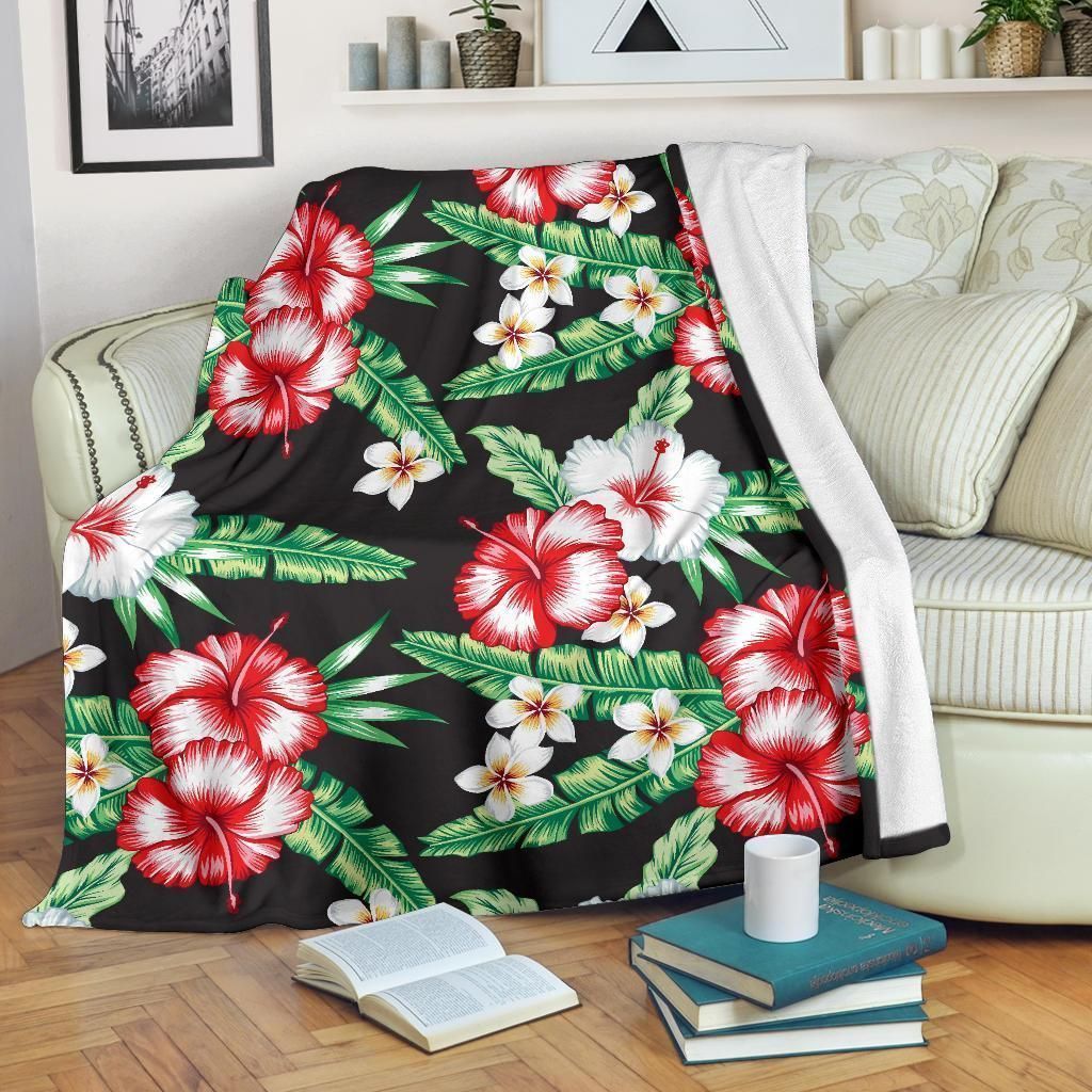 Red And White Hibiscus Hawaiian Flower Tropical Leaves Black Fleece Blanket