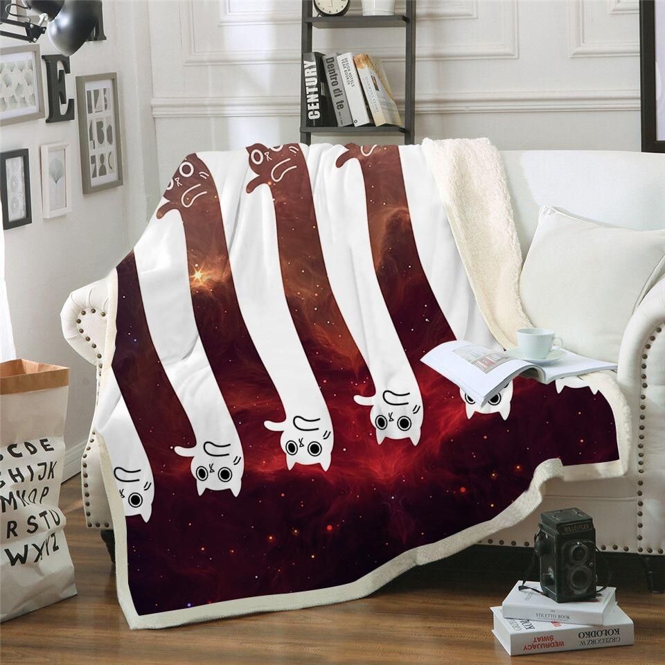 Red And White Space Cat Sherpa Fleece Blanket