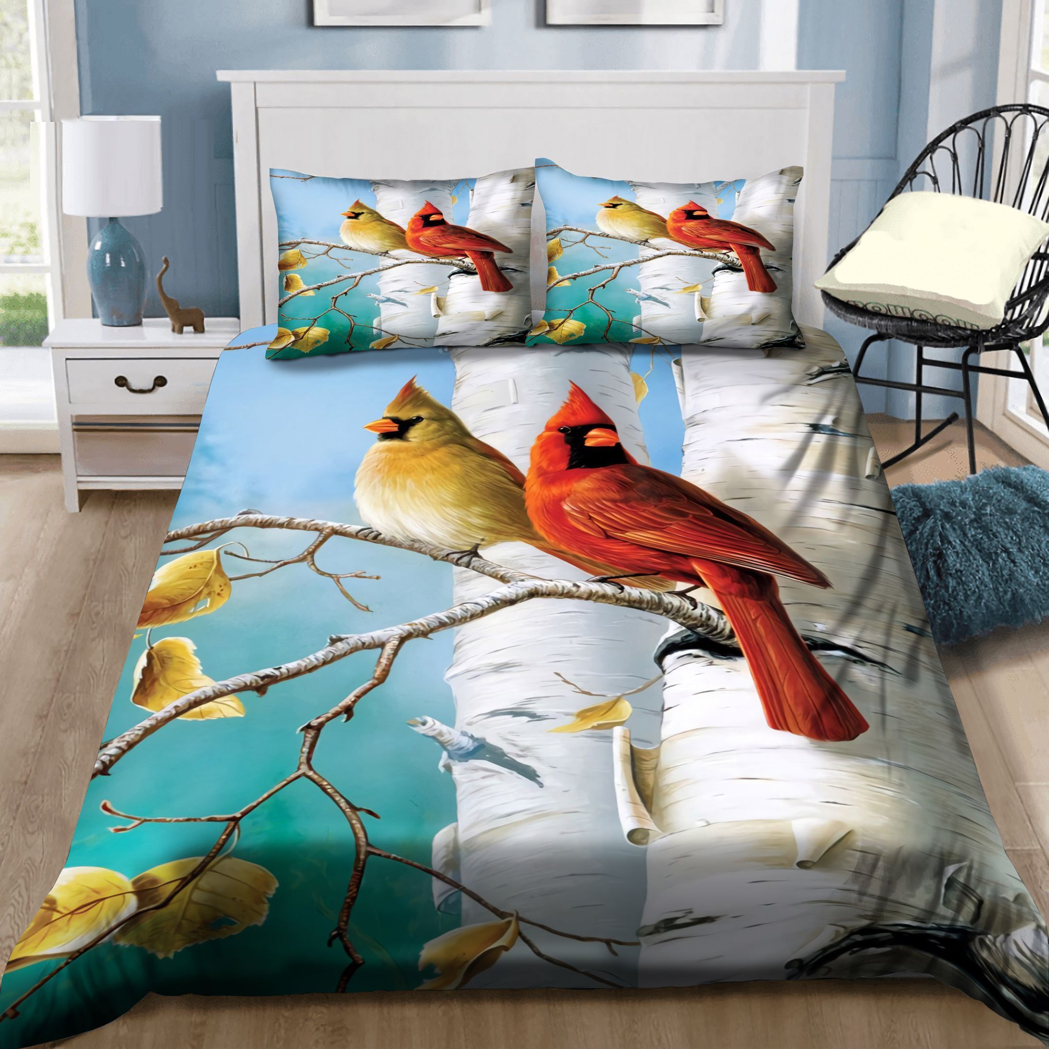 Red And Yellow Cardinal Birds On Tree Bedding Set
