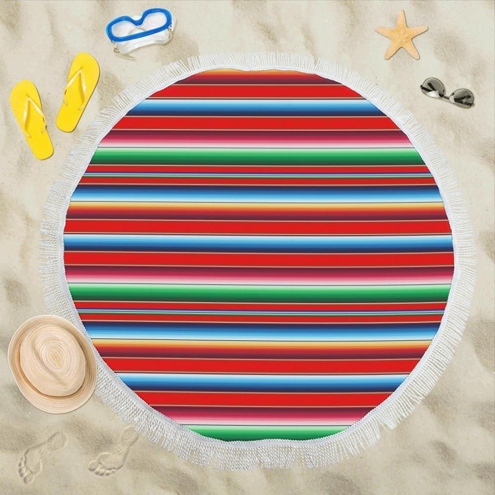 Red Blue Serape Printed Round Beach Towel