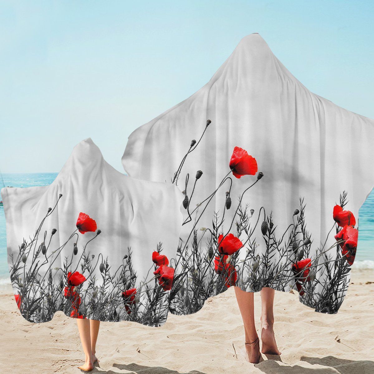 Red Buds Black And White Printed Hooded Towel