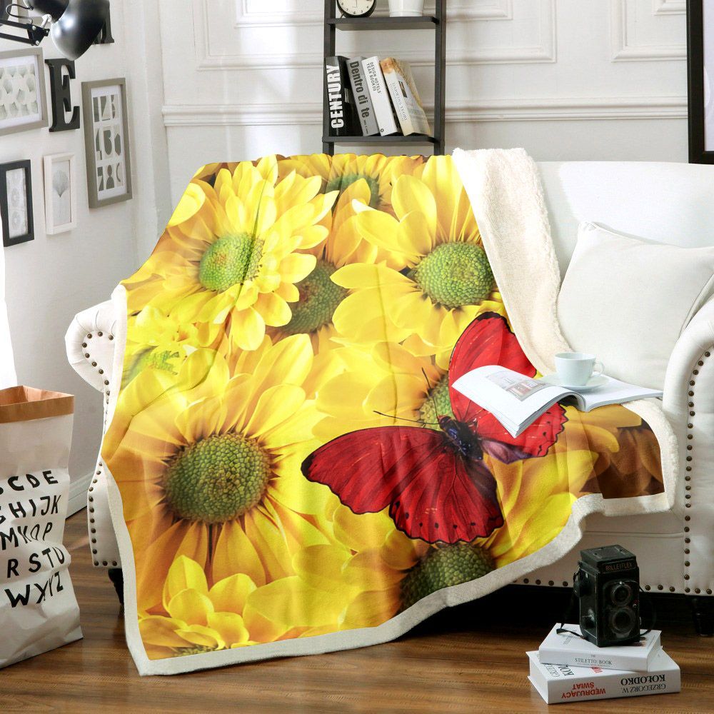 Red Butterfly And Sunflower Sherpa Fleece Blanket