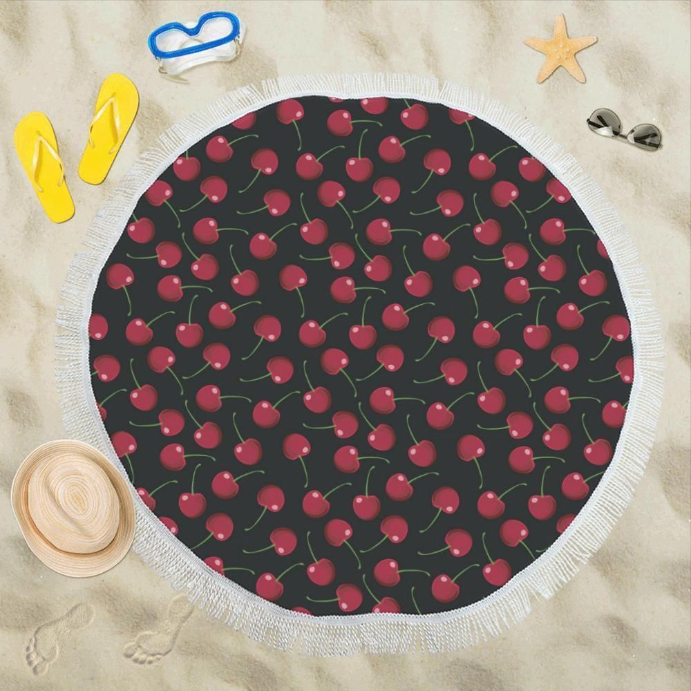 Red Cherry Black Background Pattern Round Beach Towel