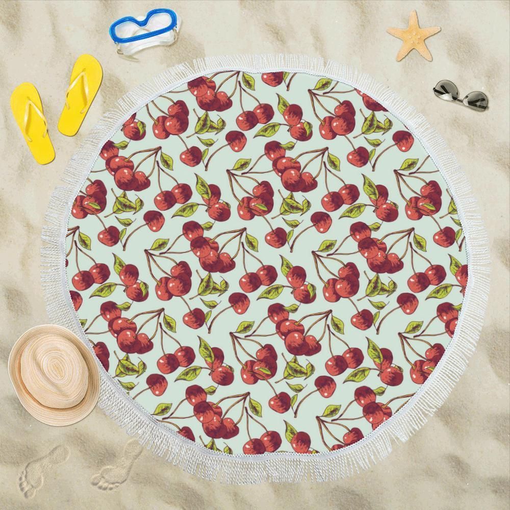 Red Cherry Hand Draw Pattern Round Beach Towel