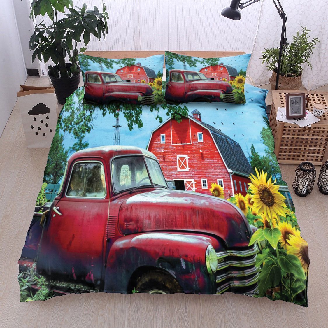 Red Chevrolet Sunflower Farm Bedding Set