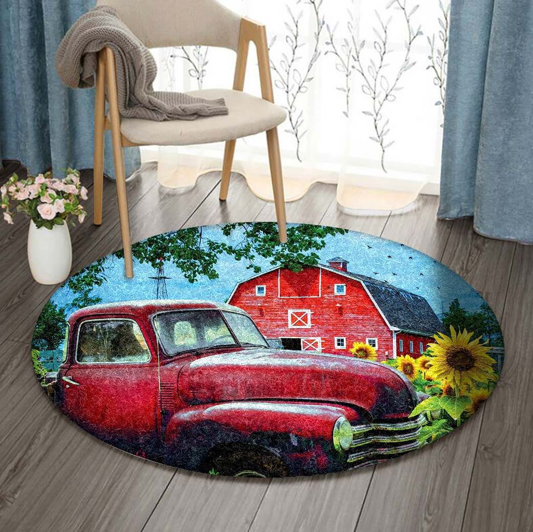 Red Chevrolet Sunflower Farm Round Carpet