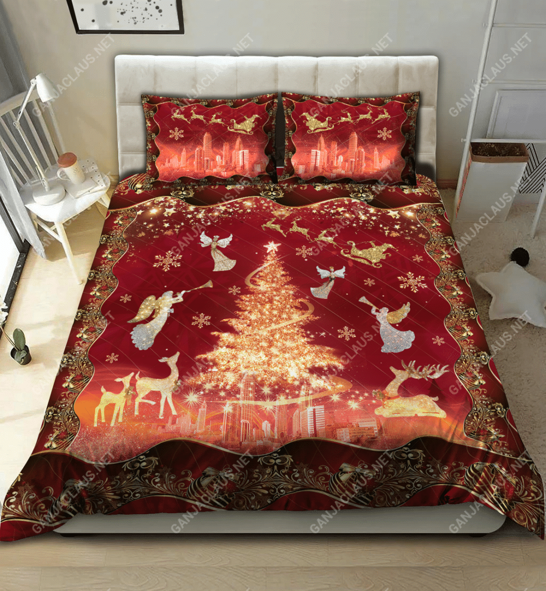 Red Christmas Angel Bedding Set