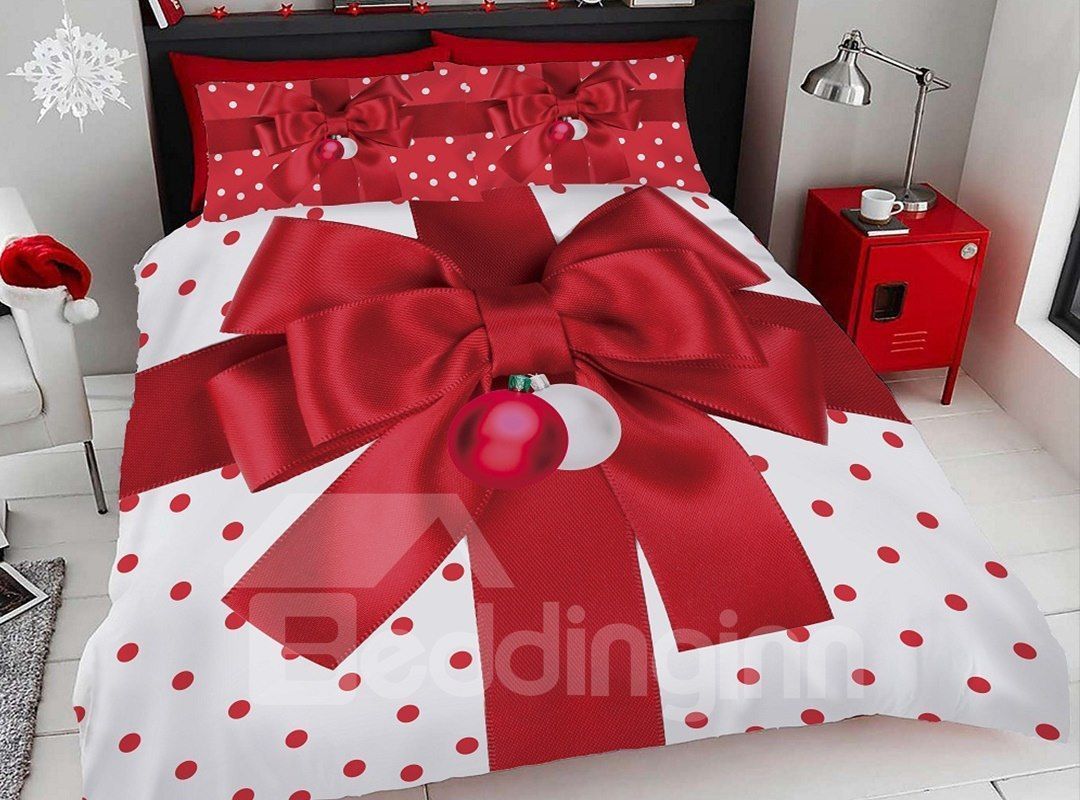 Red Christmas Gift Bow Digital Bedding Set
