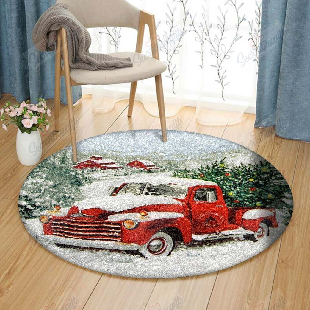 Red Christmas Truck Round Carpet