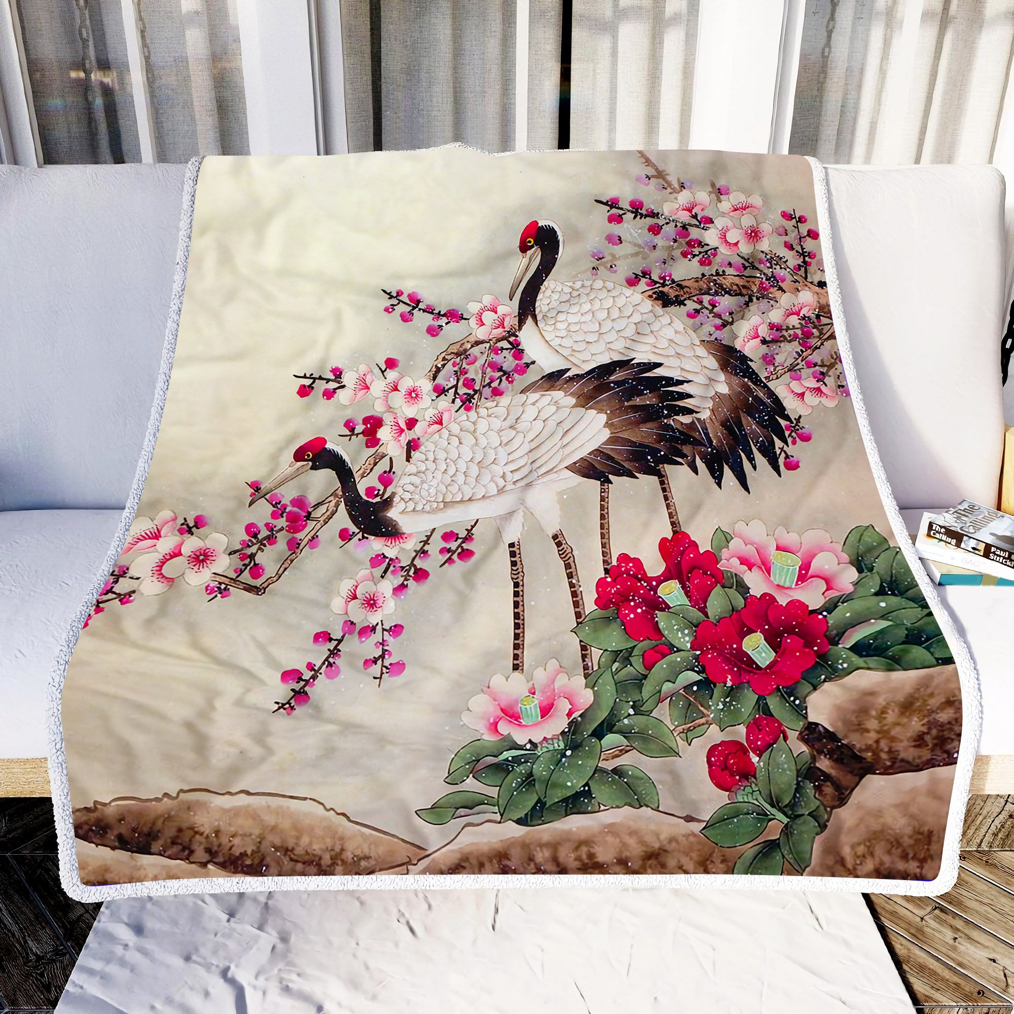Red Crowned Crane And Flowers Fleece Blanket