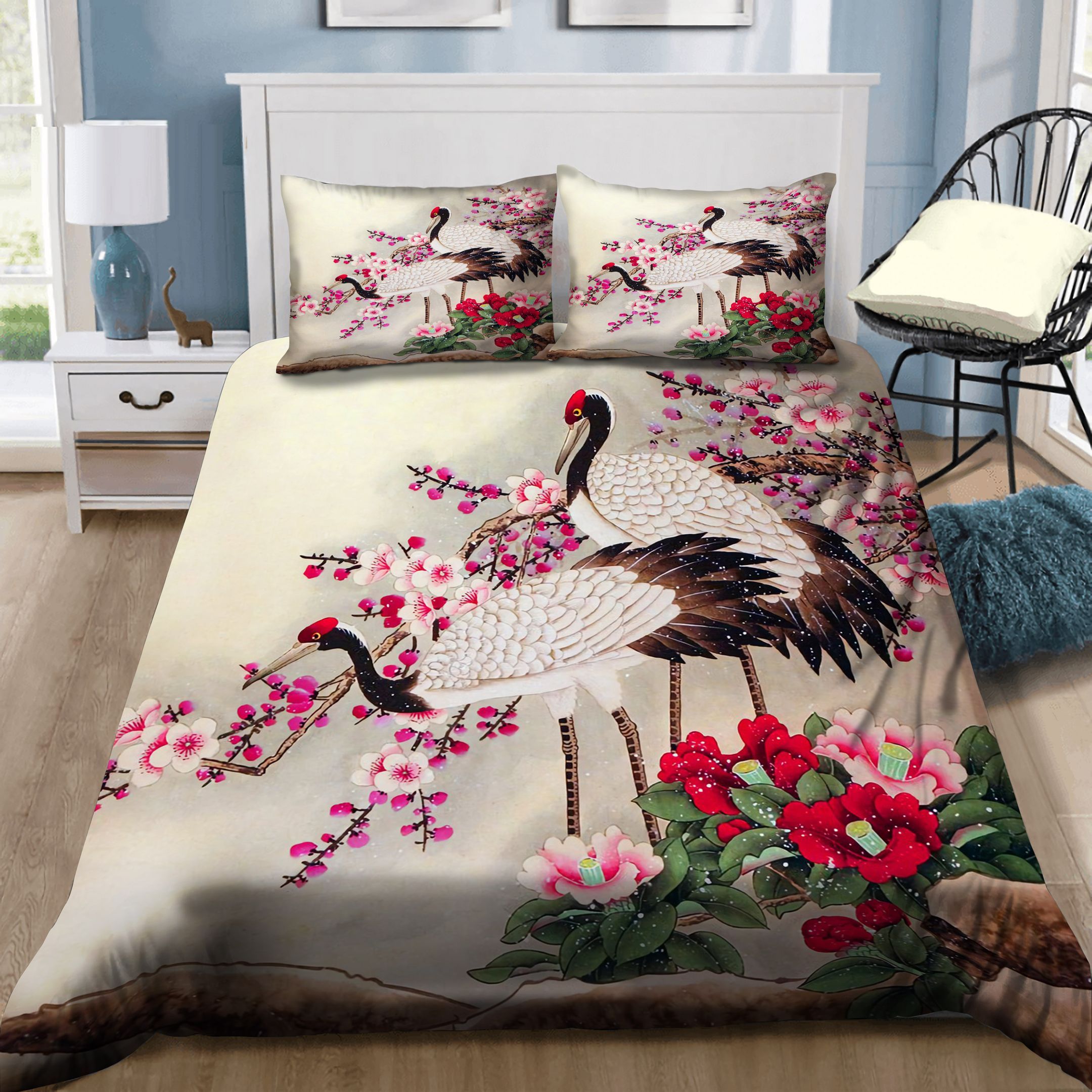 Red Crowned Crane And Flowers Bedding Set