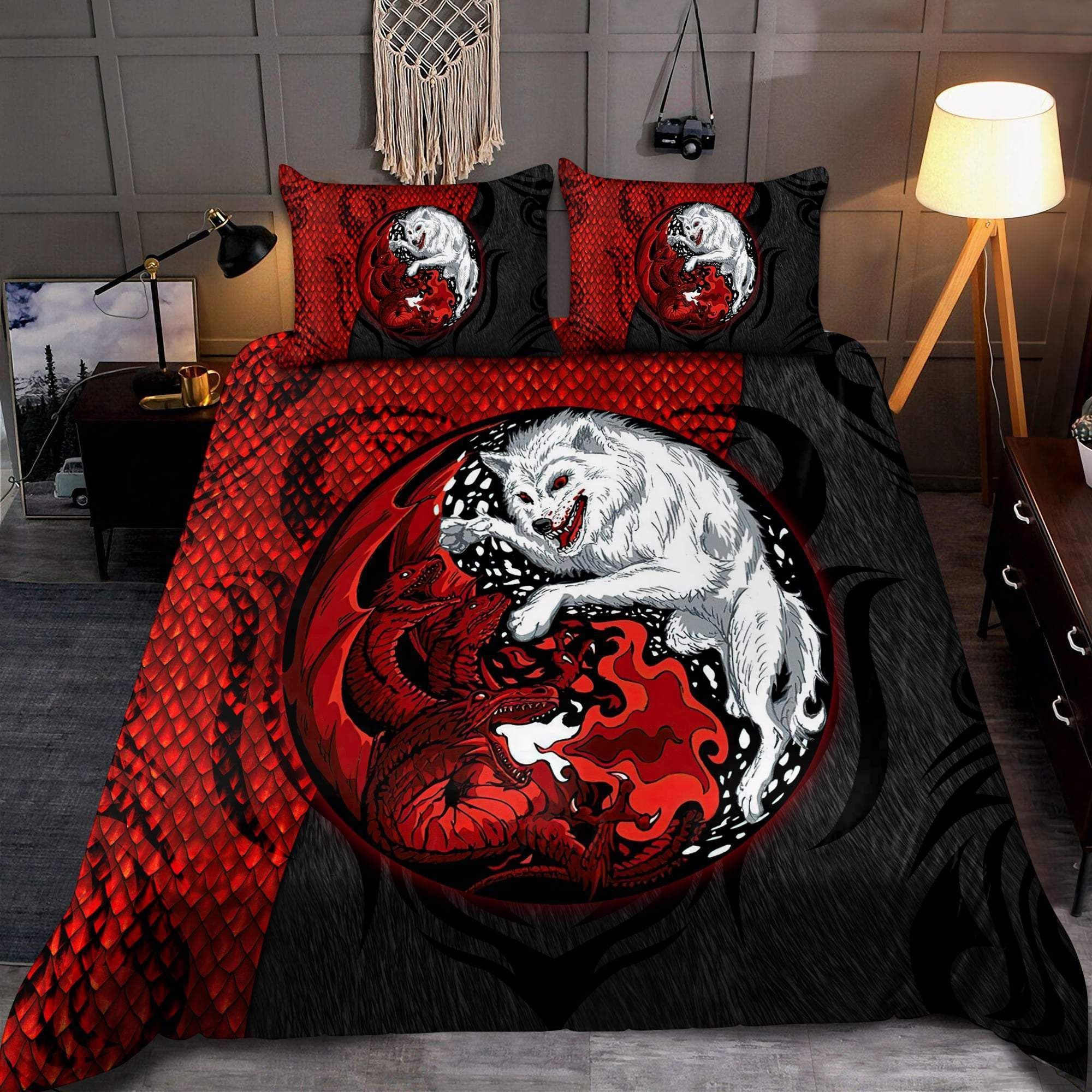 Red Dragon And White Wolf Bedding Set