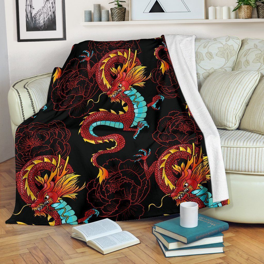 Red Dragon Lotus Sherpa Fleece Blanket