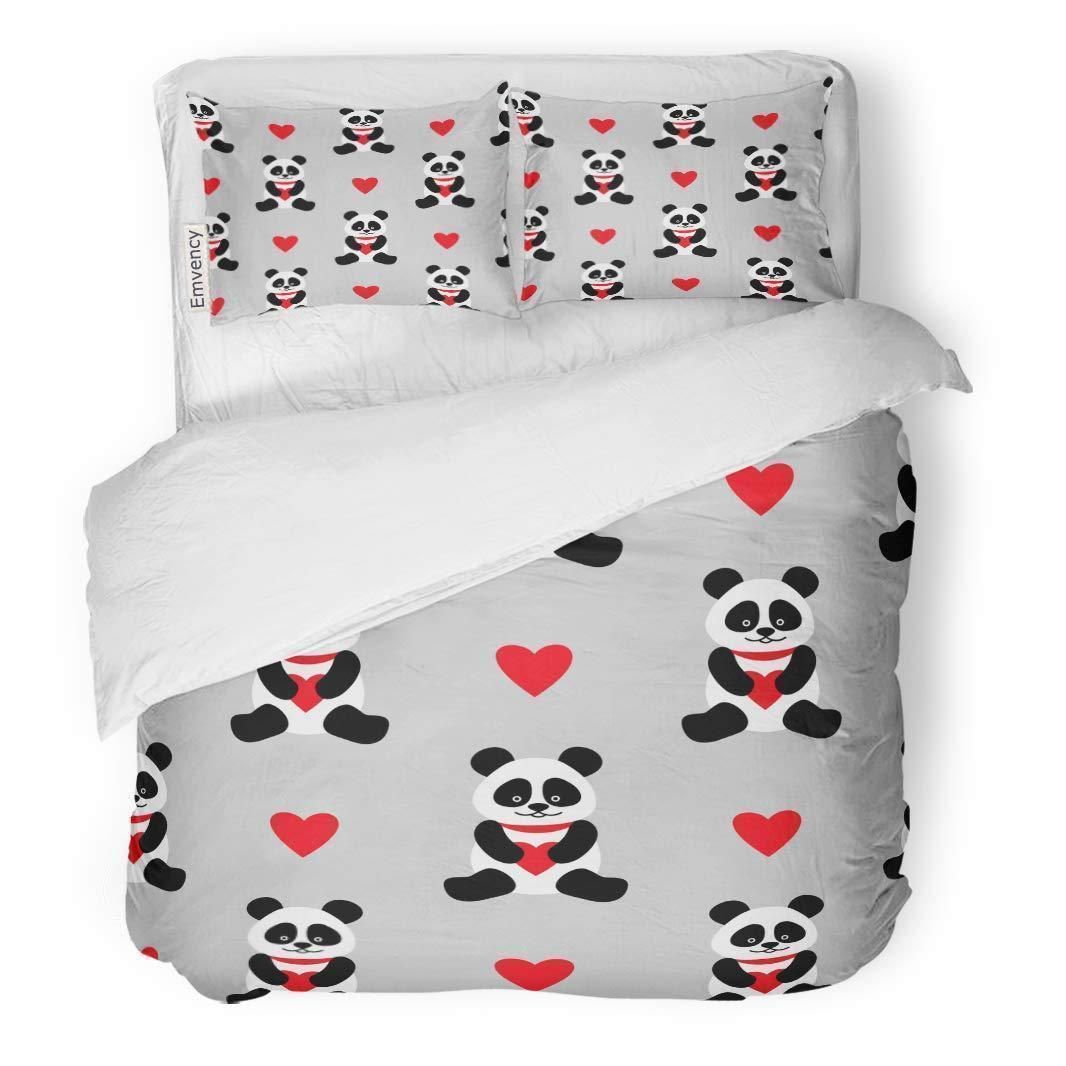 Red Face Cute Pandas And Hearts Bedding Set