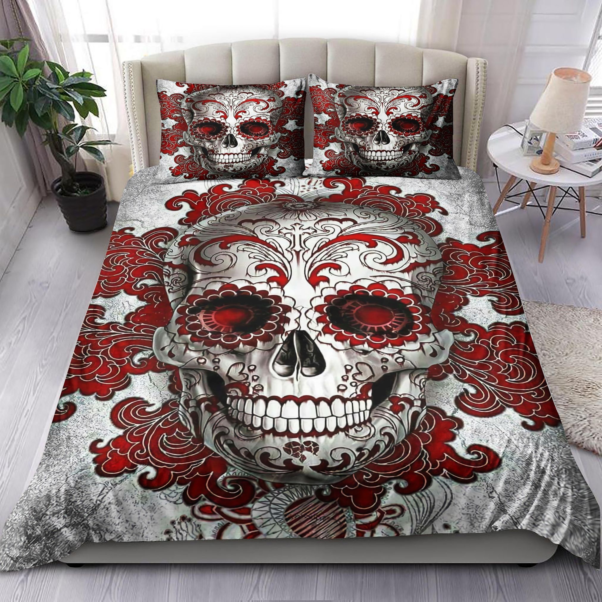 Red Floral Sugar Skull Bedding Set