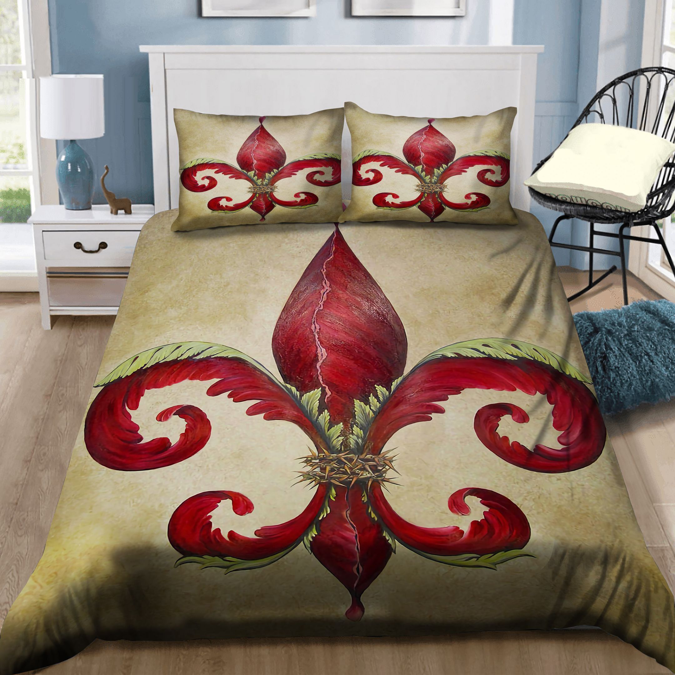 Red Flower New Orleans Fleur De Lys Symbol Of New Orleans Bedding Set