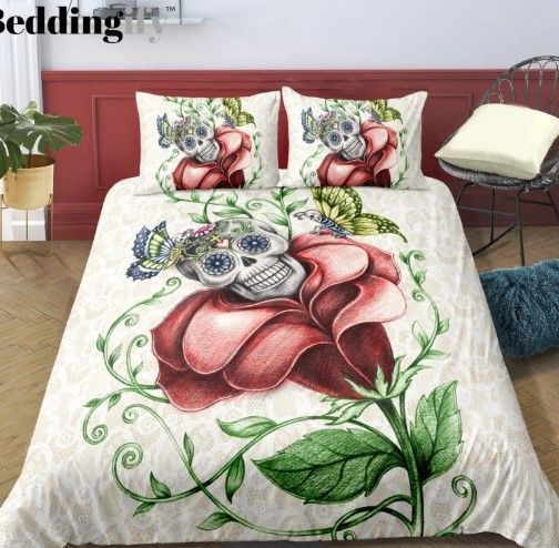 Red Flower Skull Bedding Set