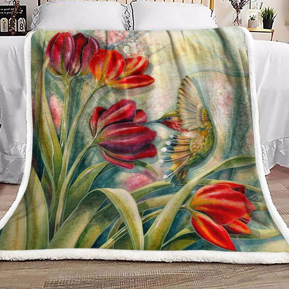 Red Flowers And A Hummingbird Sherpa Fleece Blanket