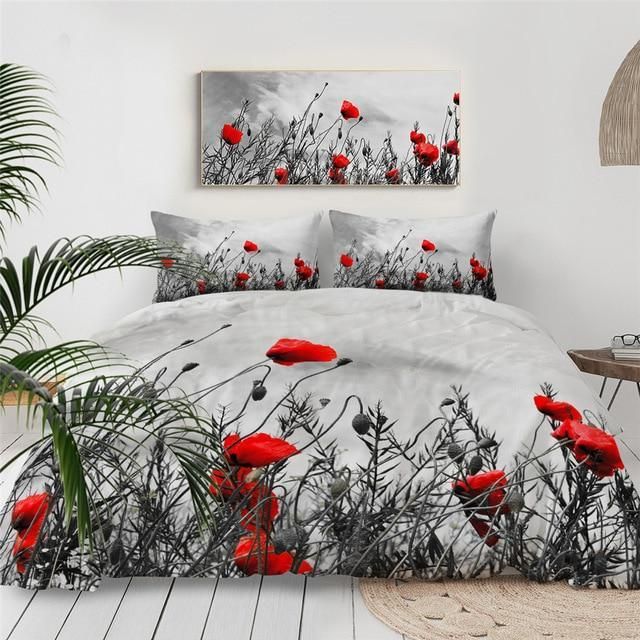Red Flowers On Grey Day Bedding Set