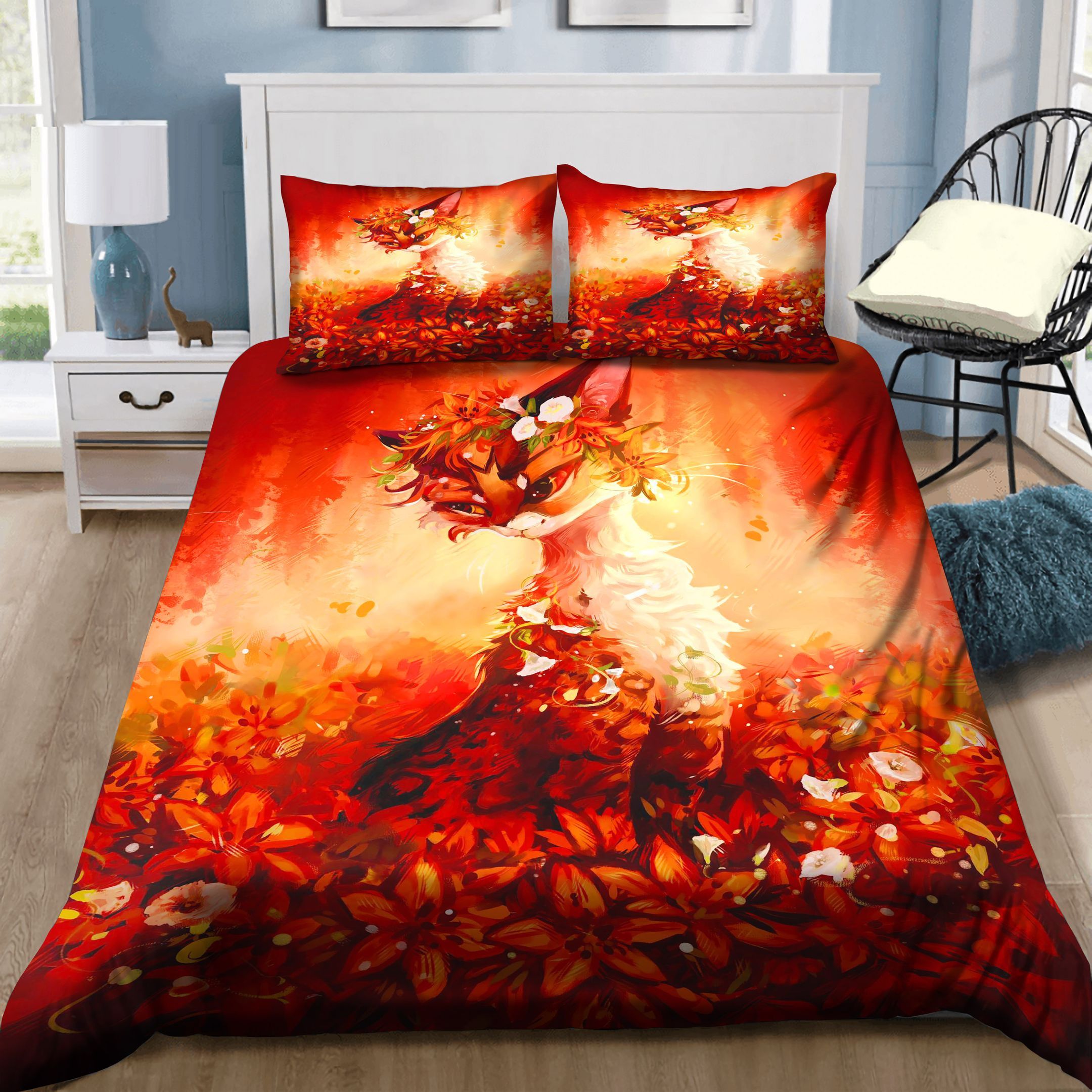 Red Fox With Flowers Bedding Set