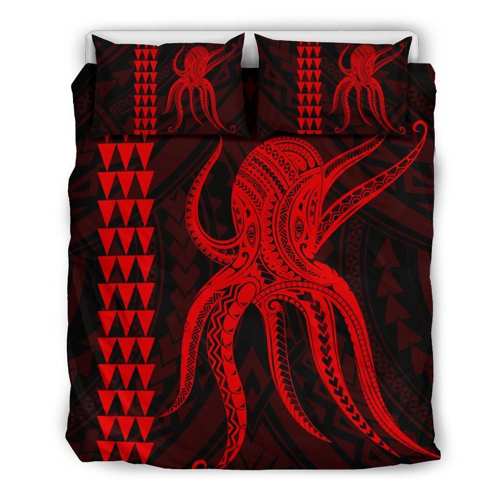 Red Hawaii Octopus Kakau Polynesian Bedding Set