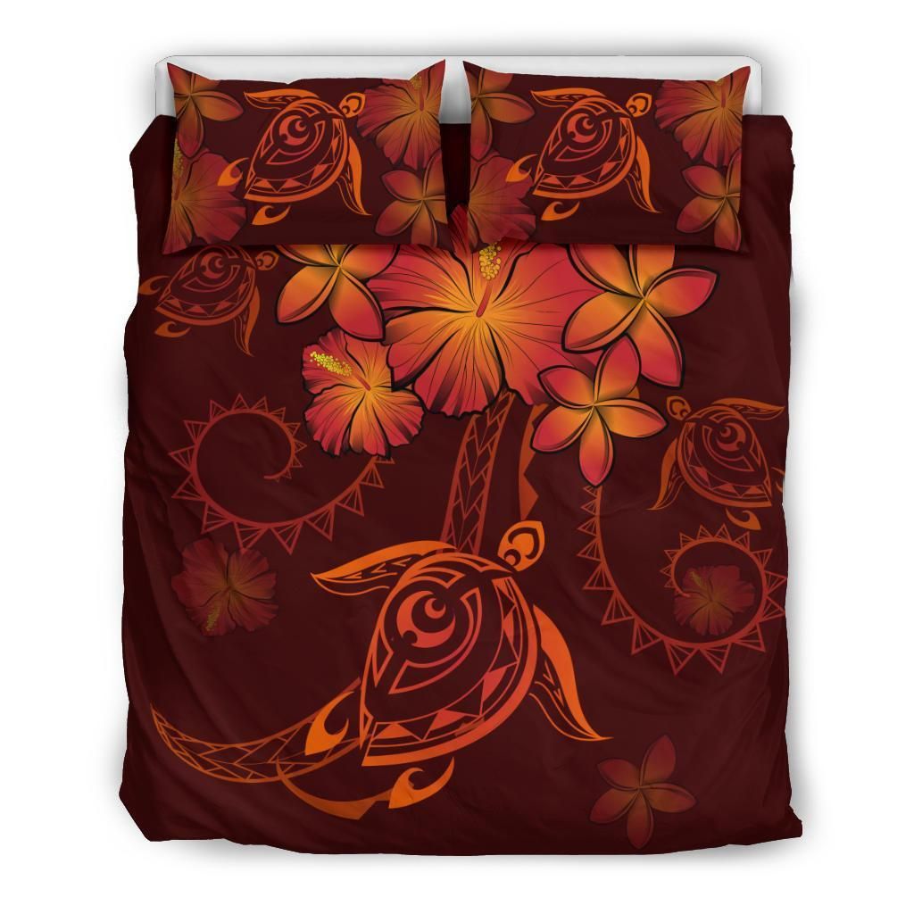 Red Hawaiian Turtles Hibiscus Plumeria Polynesian Bedding Set