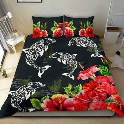 Red Hibicus White Dolphin Bedding Set