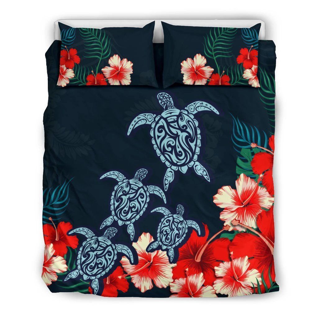 Red Hibiscus And Turtle Polynesian Bedding Set