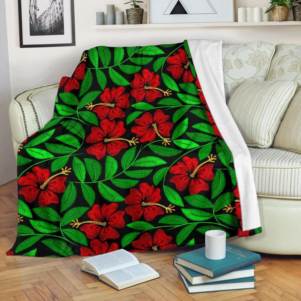 Red Hibiscus Palm Leaves Embroidered Pattern Print Design Fleece Blanket